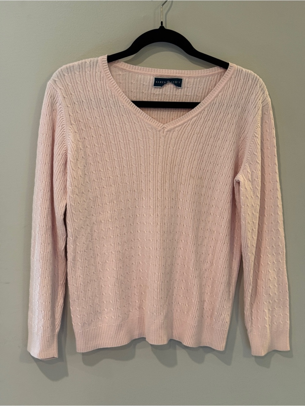 Karen Scott Pale Pink Cable V-Neck Sweater